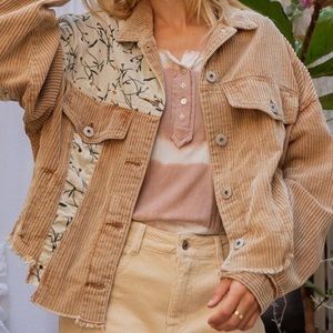 BRAND NEW NEVER WORN POL FLORAL PATCH CORDUROY JACKET IN CAMEL, SIZE SMALL